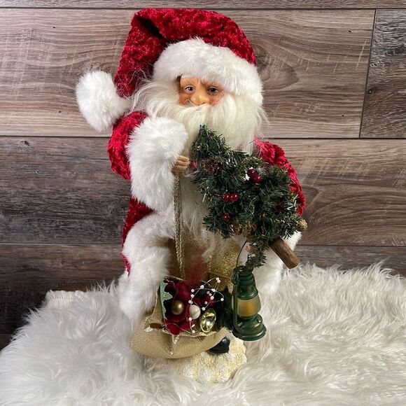 Ceramic Standing Santa 16” , Red and White Santa Coat, Gold Bag, Tree, Lantern - Picture 3 of 6